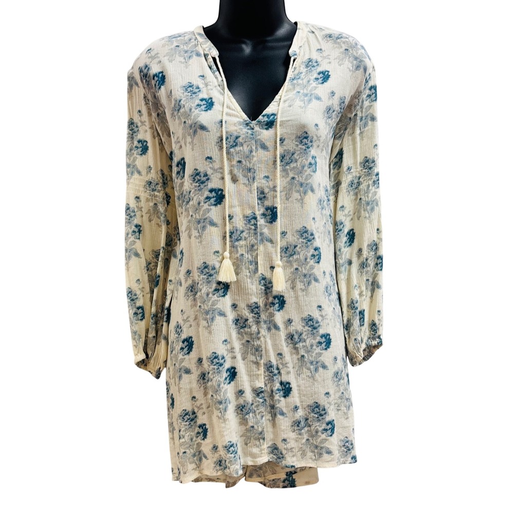 Denim‎ & Supply Ralph Lauren Floral Gauze Tassel Mini Dress Blue Cream Womens L